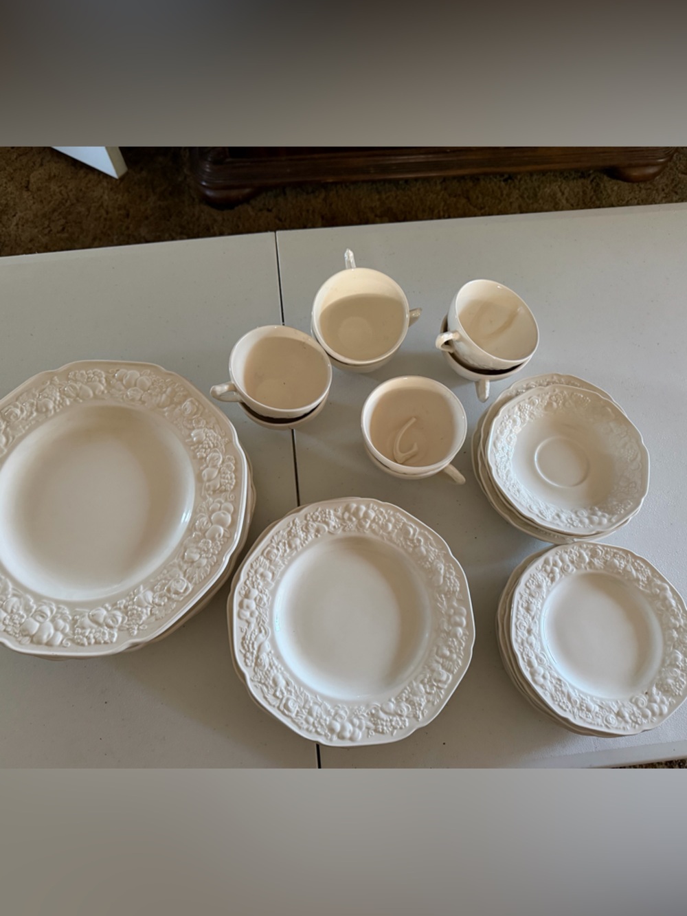 Vintage Crown Ducal - Ivory Embossed Floral Dinnerware Set - Elegant Home Dining